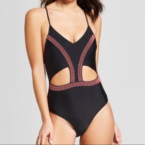 Black Cut Out Embroidered One Piece Swimsuit